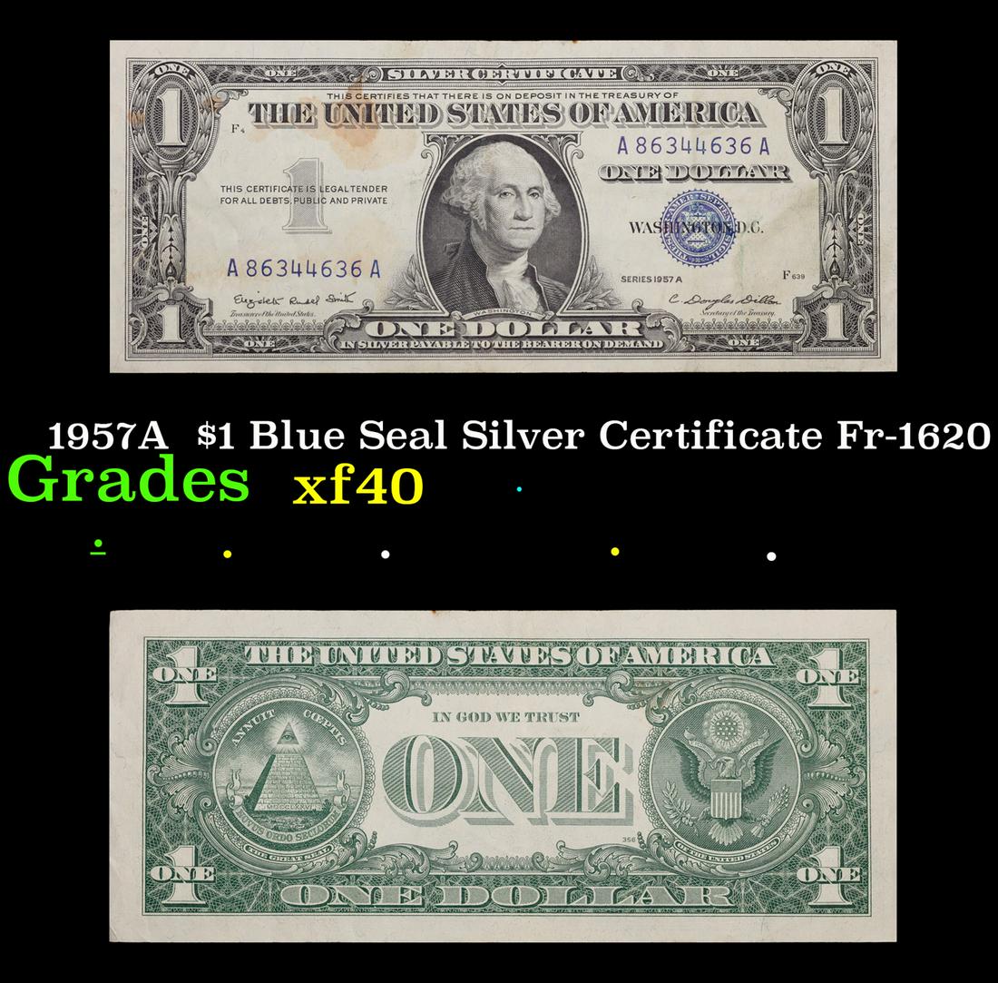 1957A $1 Blue Seal Silver Certificate Fr-1620 Grades xf: 1957A $1 Blue Seal Silver Certificate Fr-1620 Grades xf. Silver Certificates were redeemable in Silver. One of their most distinctive qualities is the blue Treasury seal and serial numbers. These note