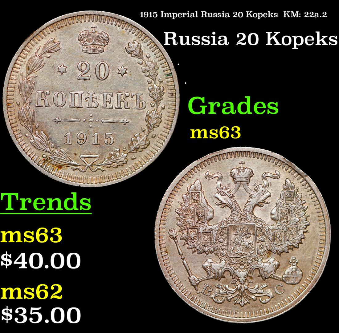 1915 Imperial Russia 20 Kopeks  KM: 22a.2 Grades Select Unc (1 of 3)