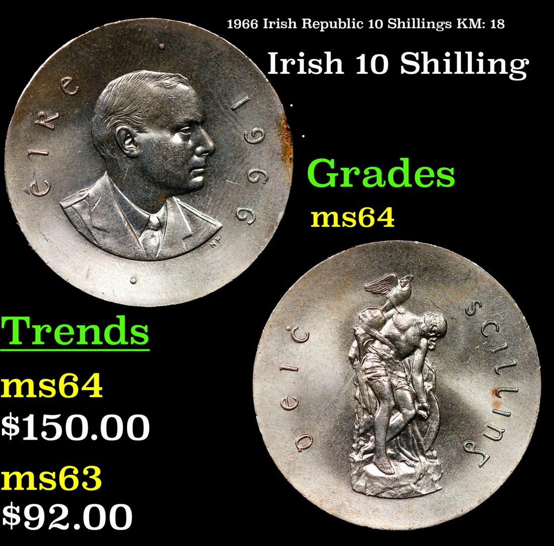 1966 Irish Republic 10 Shillings KM: 18 Grades Choice Unc (1 of 3)