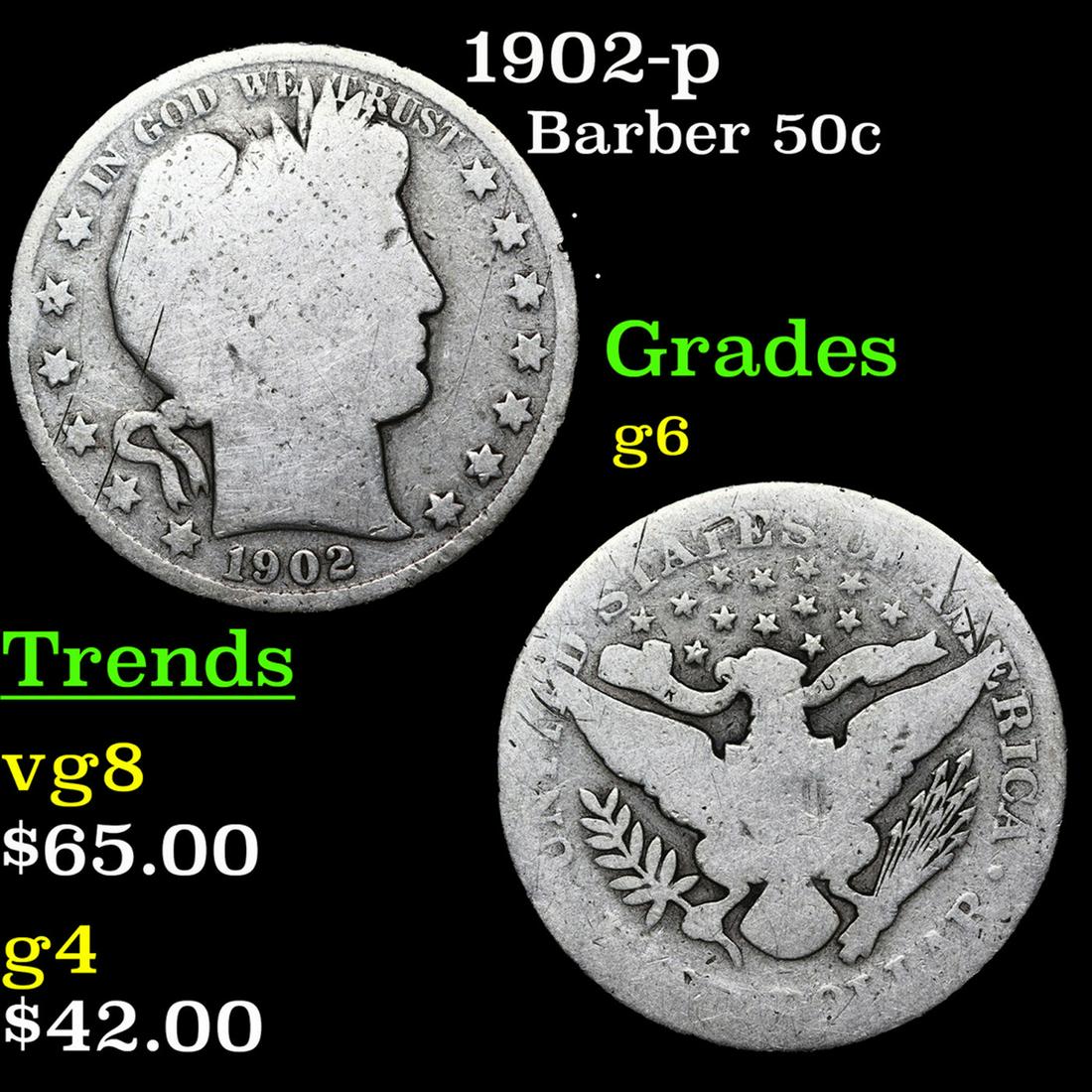 1902-p Barber Half Dollars 50c Grades g+ (1 of 3)