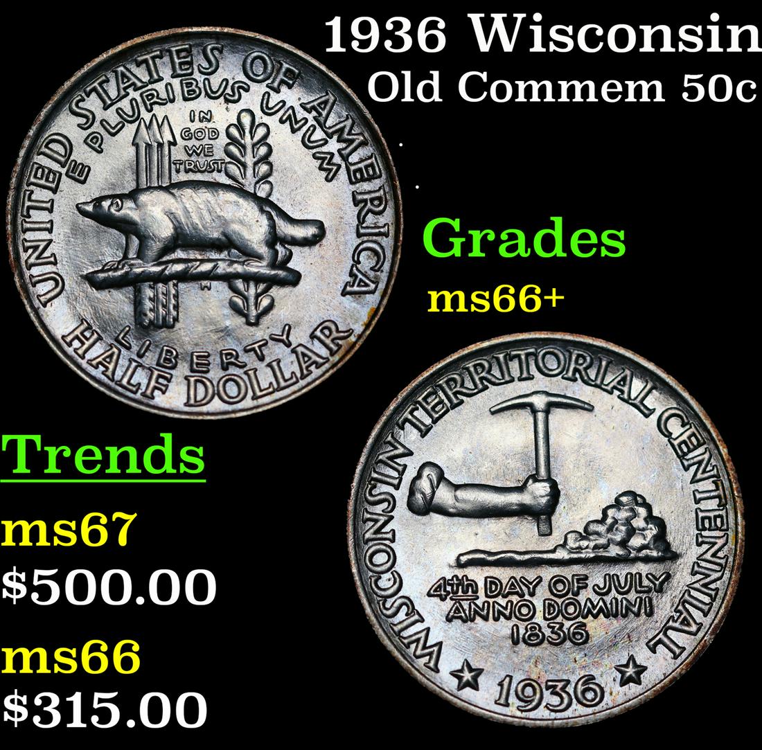 1936 Wisconsin Old Commem Half Dollar 50c Grades GEM++ Unc (1 of 3)
