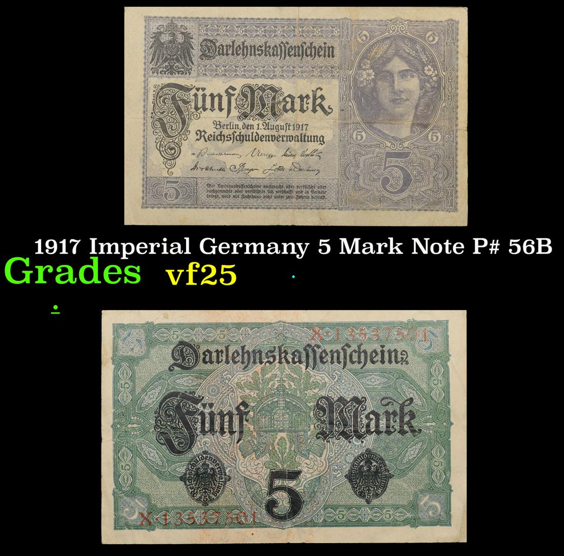 1917 Imperial Germany 5 Mark Note P# 56B Grades vf+ (1 of 3)