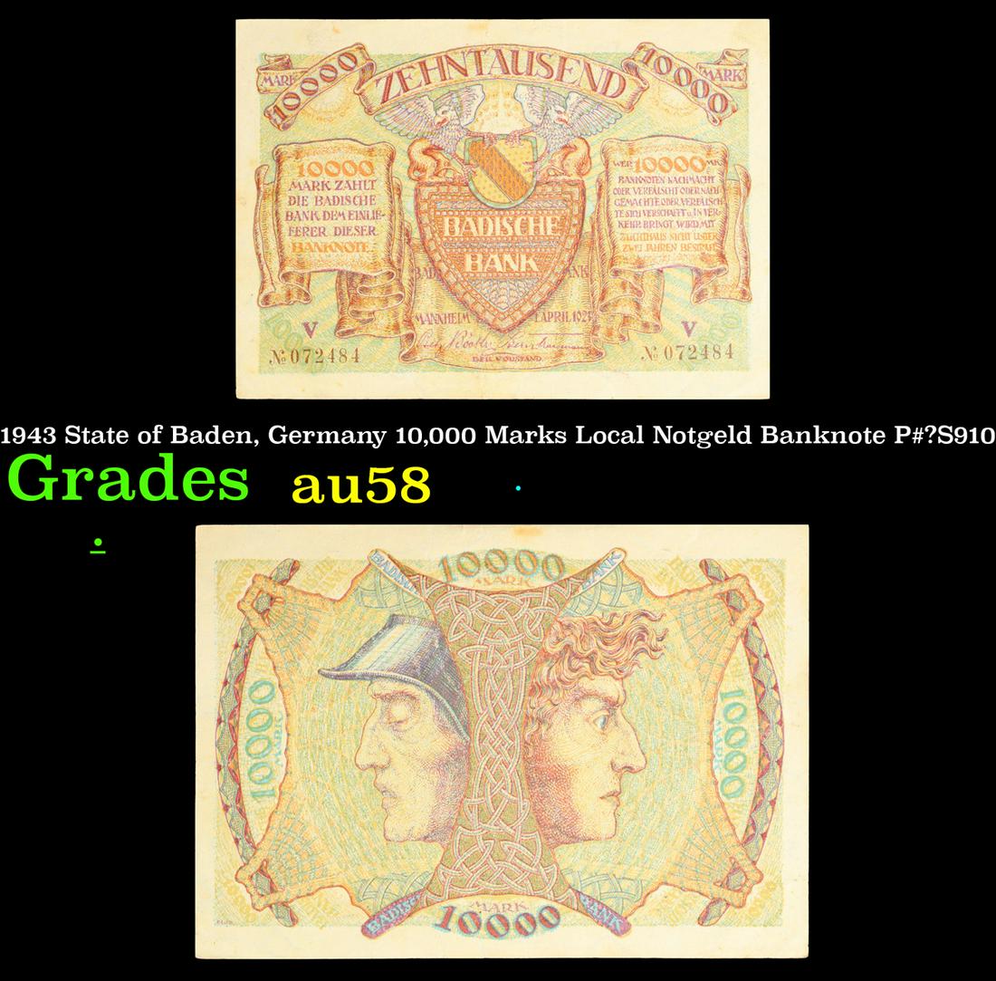 1943 State of Baden, Germany 10,000 Marks Local Notgeld Banknote P#â€¯S910 Grades Choice AU/BU (1 of 3)