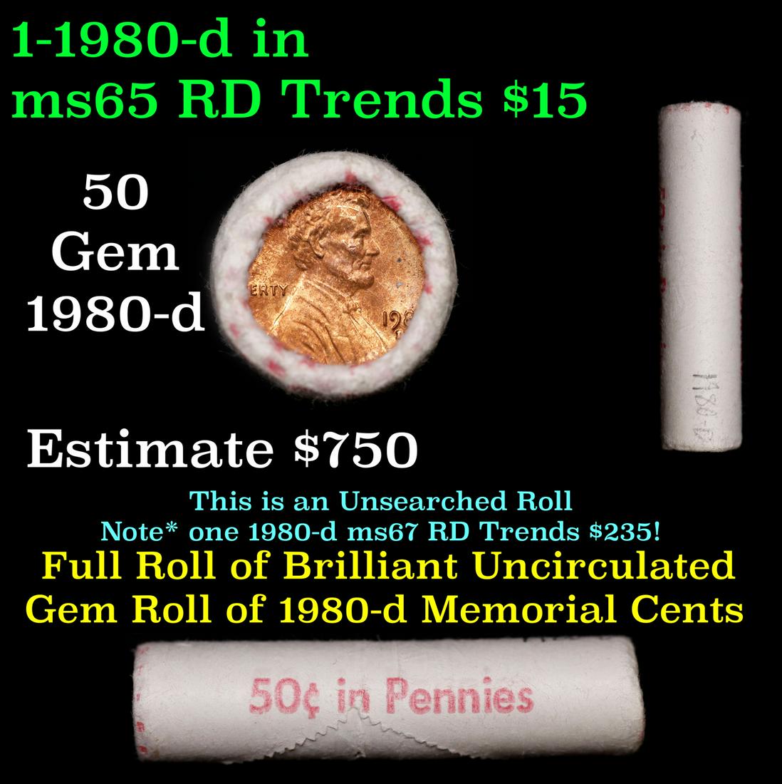 Shotgun Lincoln 1c roll, 1980-d 50 pcs 50c Penny Wrapper.: Shotgun Lincoln 1c roll, 1980-d 50 pcs 50c Penny Wrapper.. A terrific Shotgun roll of Lincoln cents. Most if not all coin should be cherry red.