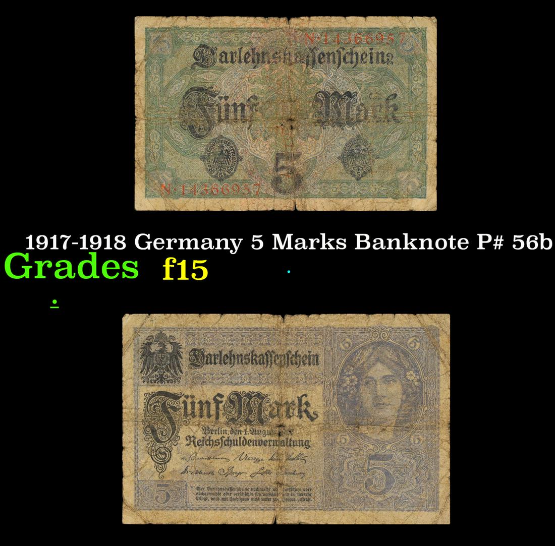 1917-1918 Germany 5 Marks Banknote P# 56b Grades f+: 1917-1918 Germany 5 Marks Banknote P# 56b Grades f+. In August 1914, Directly after the onset of WW1, the German Empire removed the gold backing of the mark and issued new currency. After the fall of 
