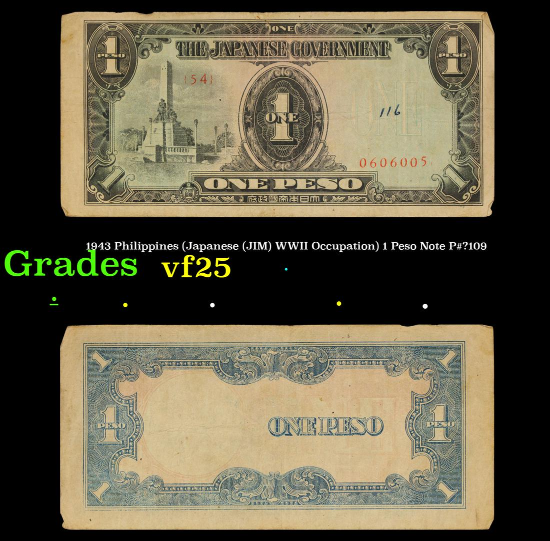 1943 Philippines (Japanese (JIM) WWII Occupation) 1 Peso Note P#â€¯109 Grades vf+ (1 of 3)