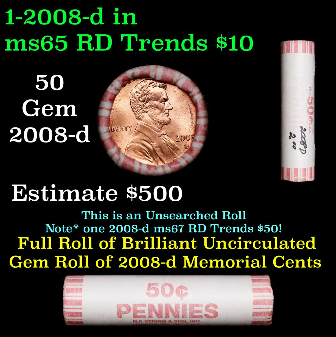 Shotgun Lincoln 1c roll, 2008-d 50 pcs String & Son Wrapper.: Shotgun Lincoln 1c roll, 2008-d 50 pcs String & Son Wrapper.. A terrific Shotgun roll of Lincoln cents. Most if not all coin should be cherry red.
