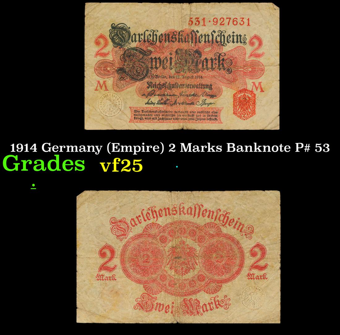 1914 Germany (Empire) 2 Marks Banknote P# 53 Grades vf+ (1 of 3)