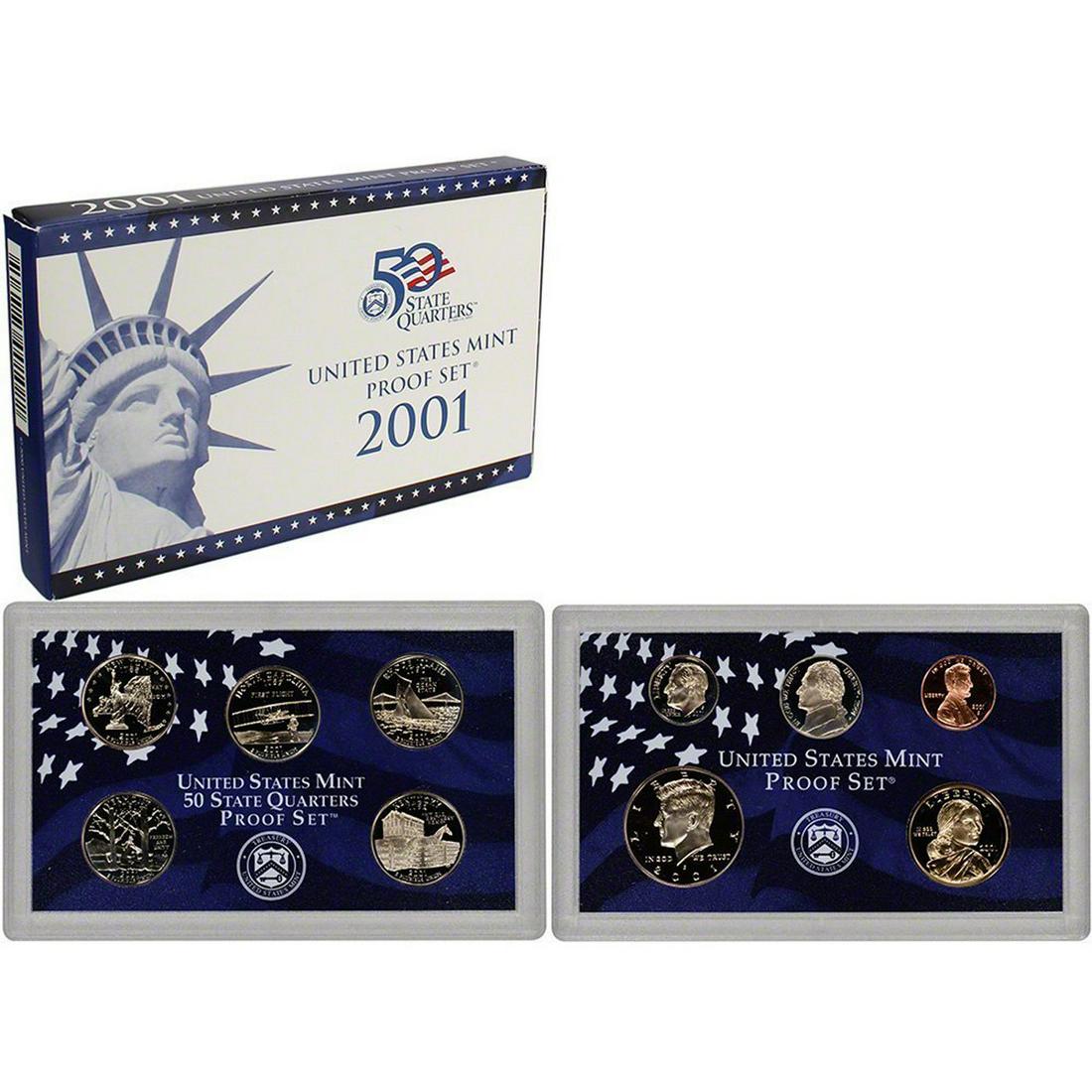 2001 United States Proof Set, 10 Coins Inside!: 2001 United States Proof Set, 10 Coins Inside!. Original packaging: The 2001-S Proof Set comes in two cases. One case contains the Cent, Nickel, Dime, and Half Dollar; the other case contains the year