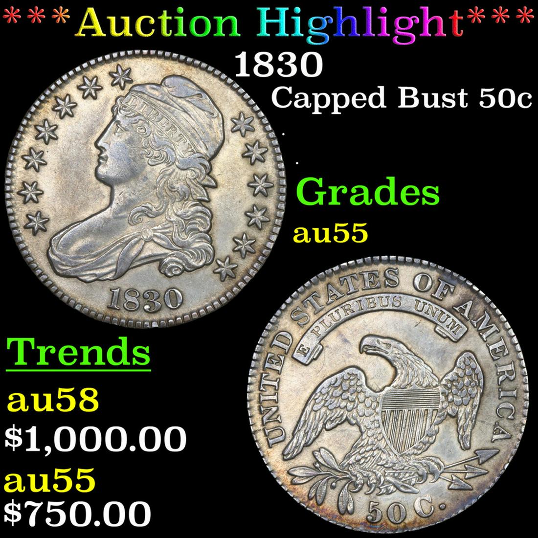 ***Auction Highlight*** 1830 Capped Bust Half Dollar 50c Graded au55 By SEGS (fc) (1 of 3)