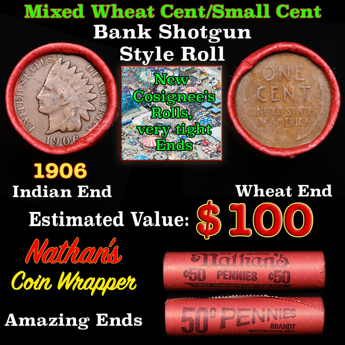 Mixed small cents 1c orig shotgun roll,  Wheat Cent, 1906 Indian Cent other end, Nathan's Brandt (1 of 5)