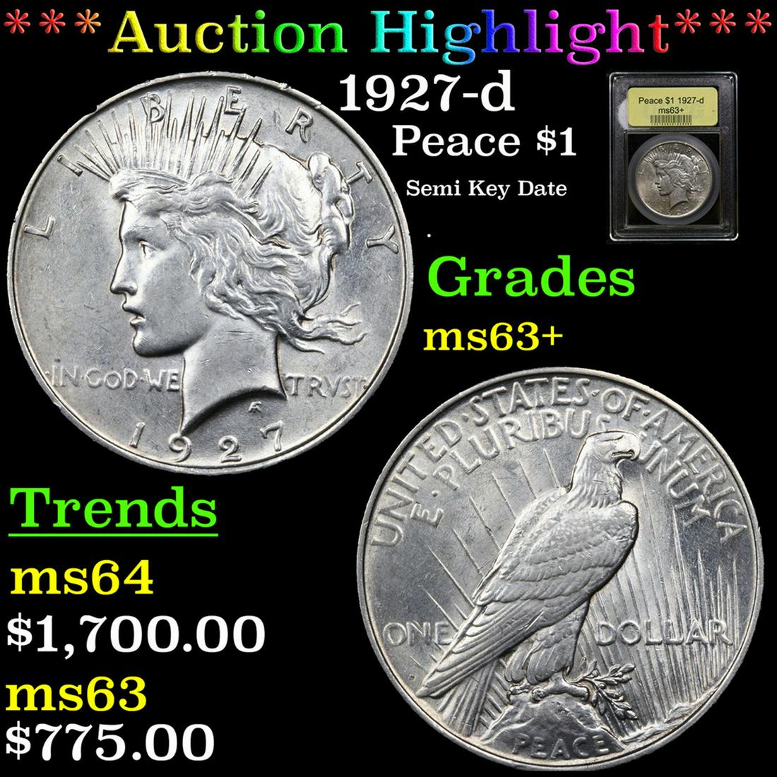 ***Auction Highlight*** 1927-d Peace Dollar $1 Grades Select+ Unc By USCG (fc) (1 of 5)