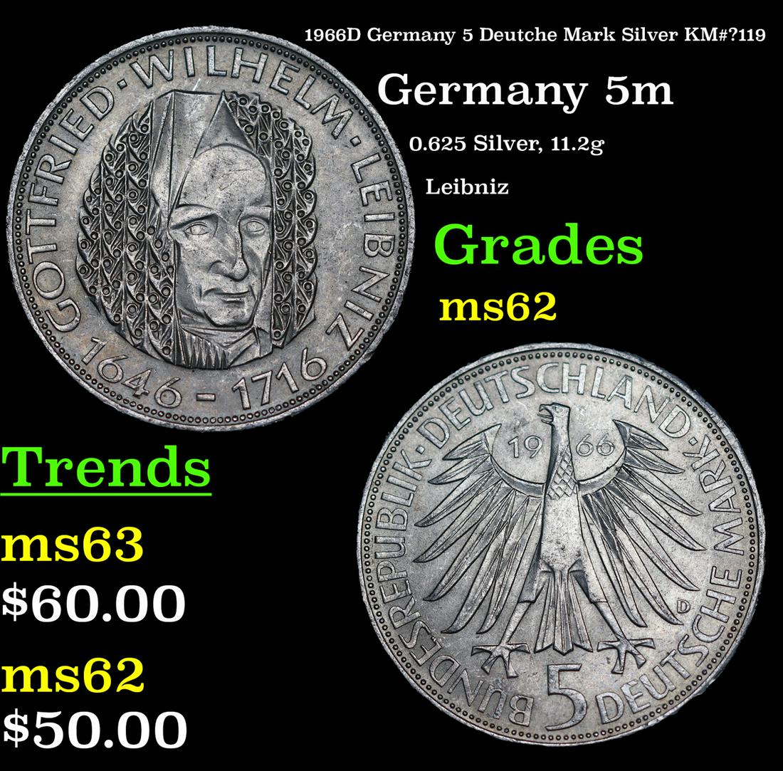 1966D Germany 5 Deutche Mark Silver KM#â€¯119 Grades Select Unc (1 of 3)