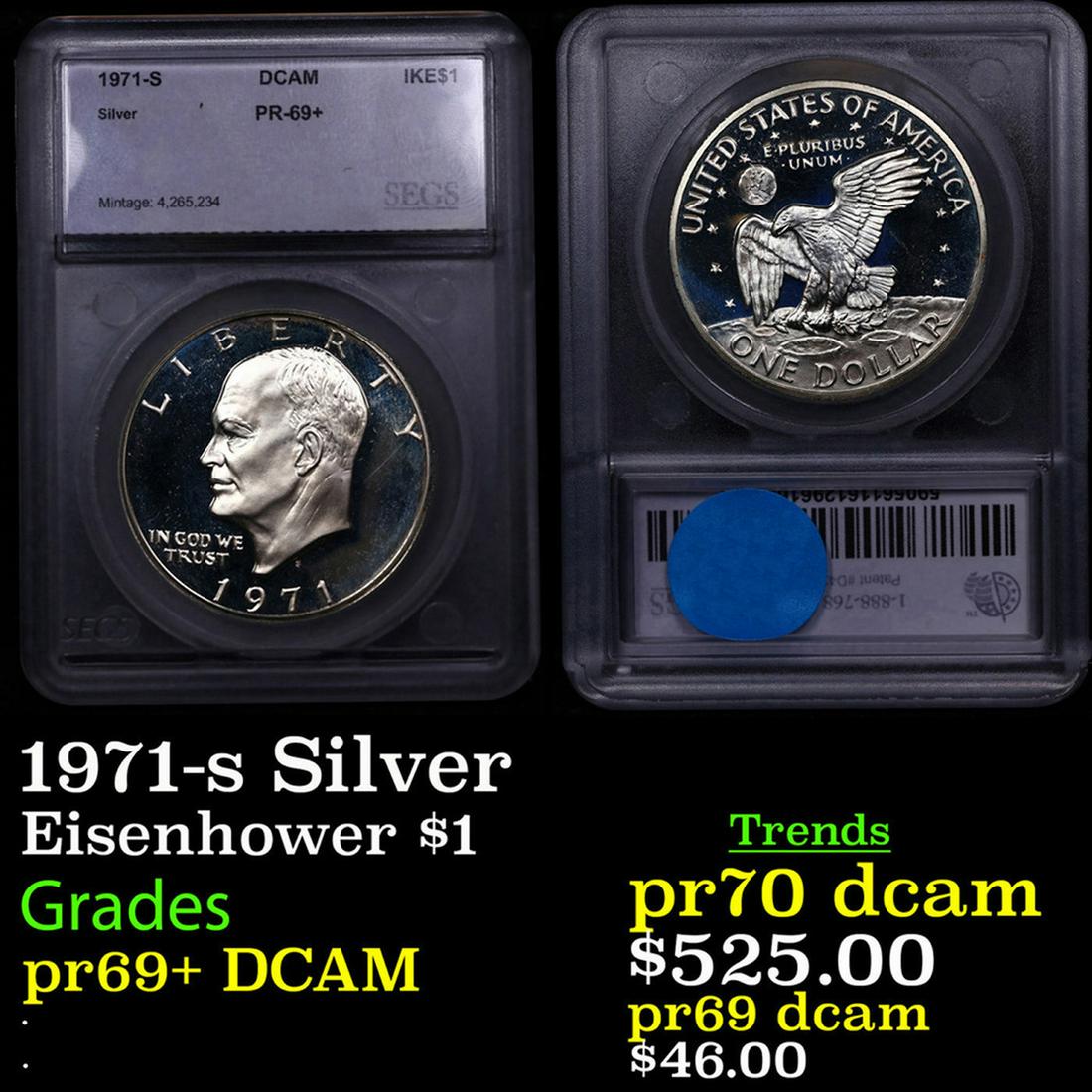 Proof 1971-s Silver Eisenhower Dollar $1 Graded pr69+ dcam By SEGS (1 of 3)