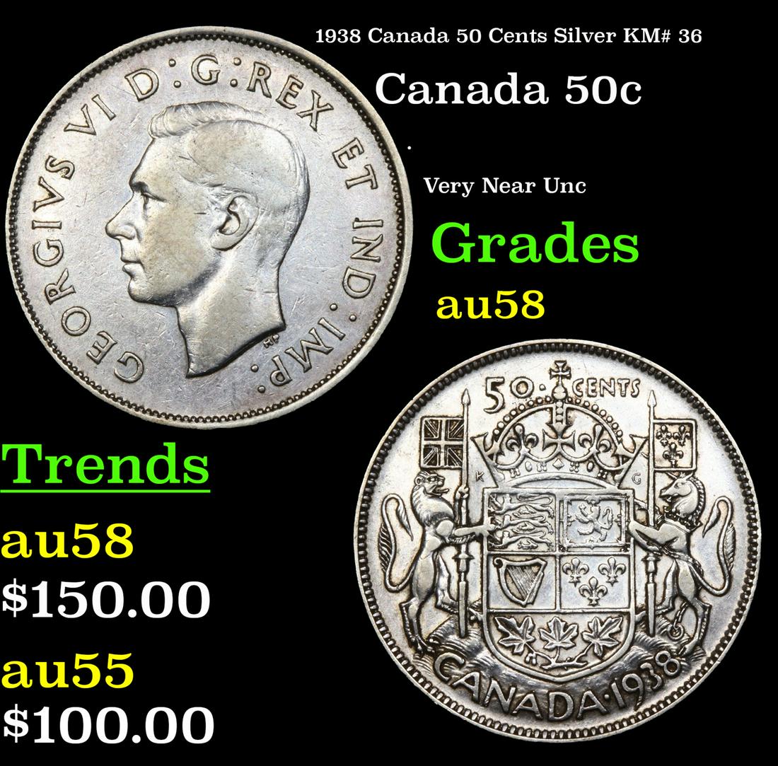 1938 Canada 50 Cents Silver KM# 36 Grades Choice AU/BU Slider (1 of 3)