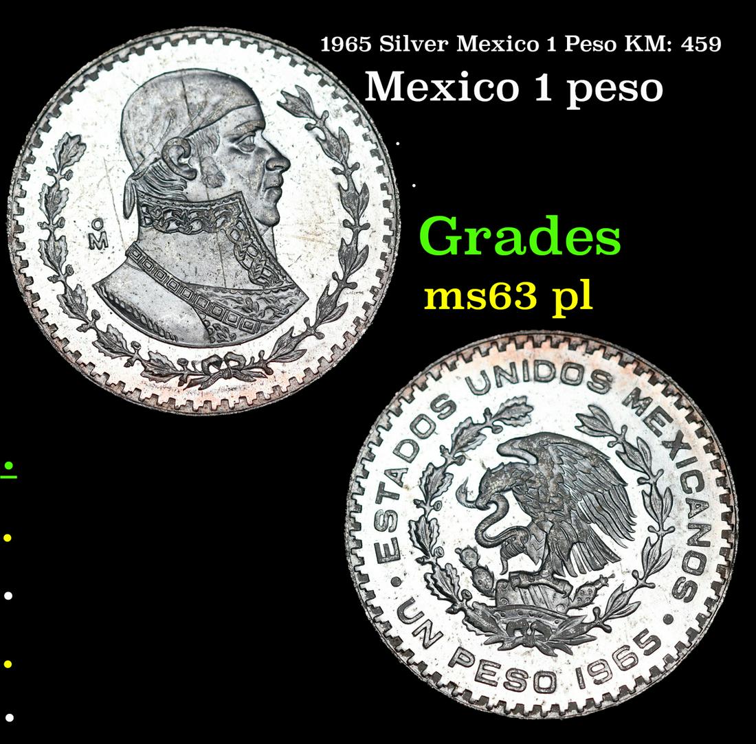 1965 Silver Mexico 1 Peso KM: 459 Grades Select Unc PL (1 of 3)