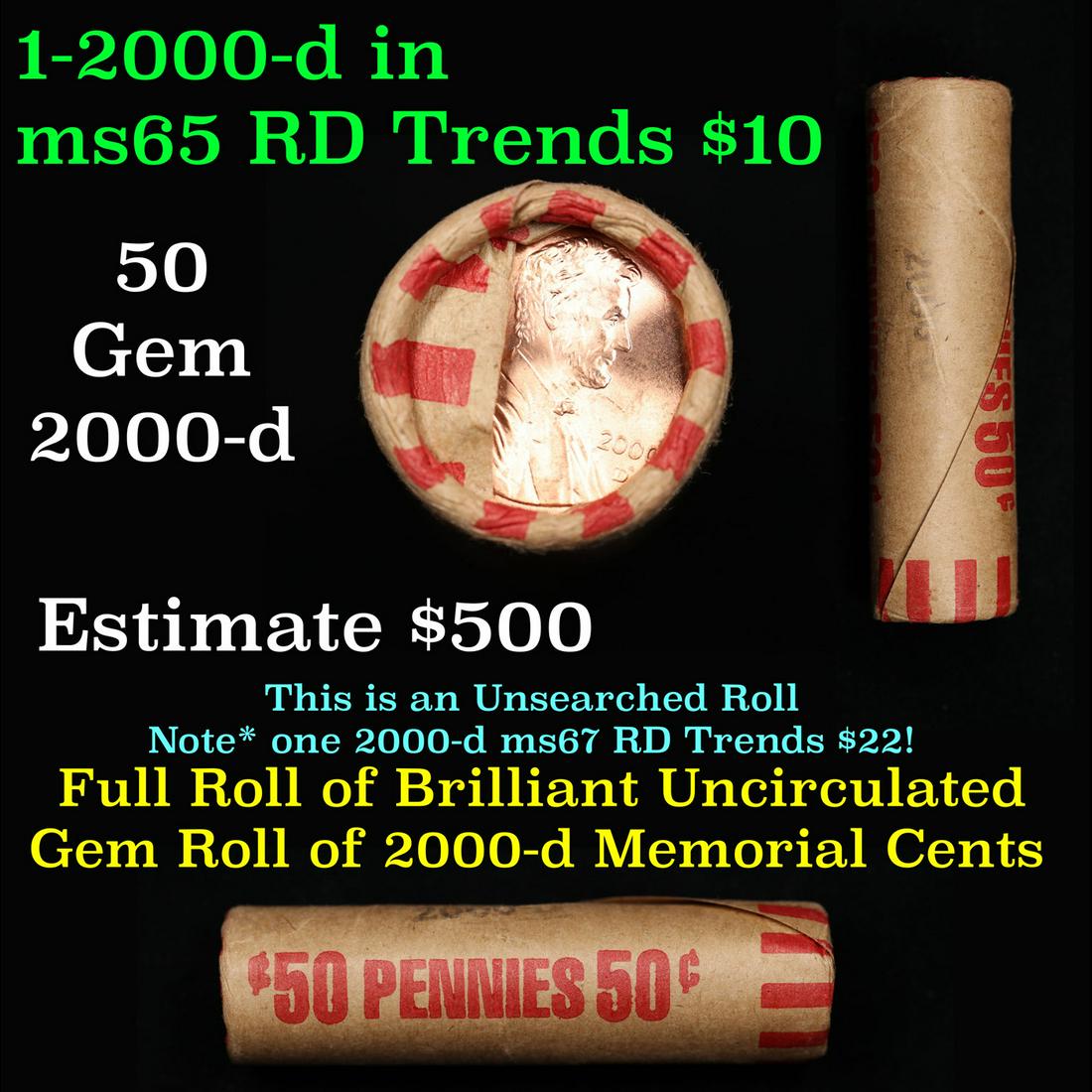 Shotgun Lincoln 1c roll, 2000-d 50 pcs Vintage Bank Wrapper.: Shotgun Lincoln 1c roll, 2000-d 50 pcs Vintage Bank Wrapper.. A terrific Shotgun roll of Lincoln cents. Most if not all coin should be cherry red.