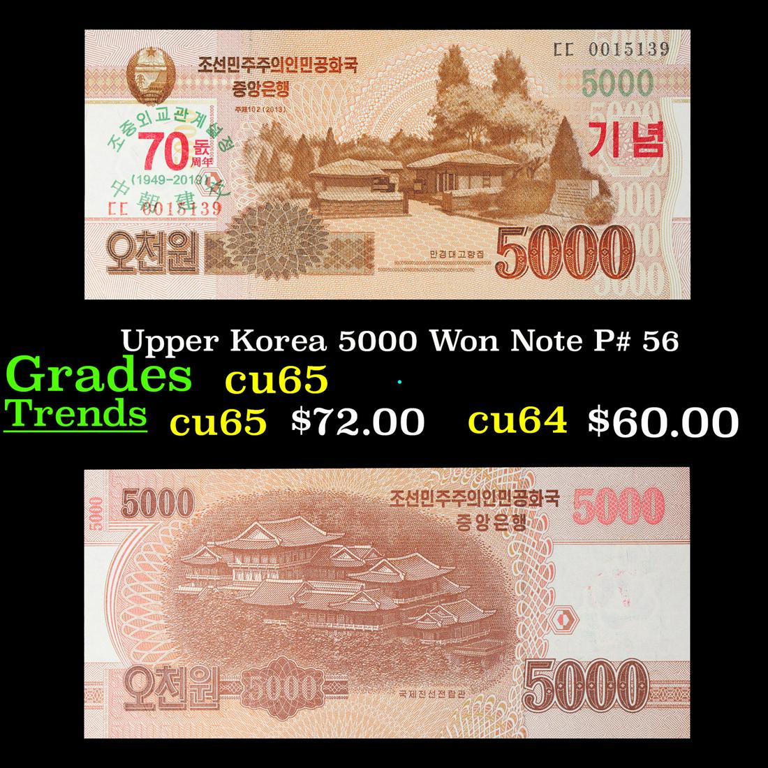 Upper Korea 5000 Won Note P# 56 Grades Gem CU: Upper Korea 5000 Won Note P# 56 Grades Gem CU.