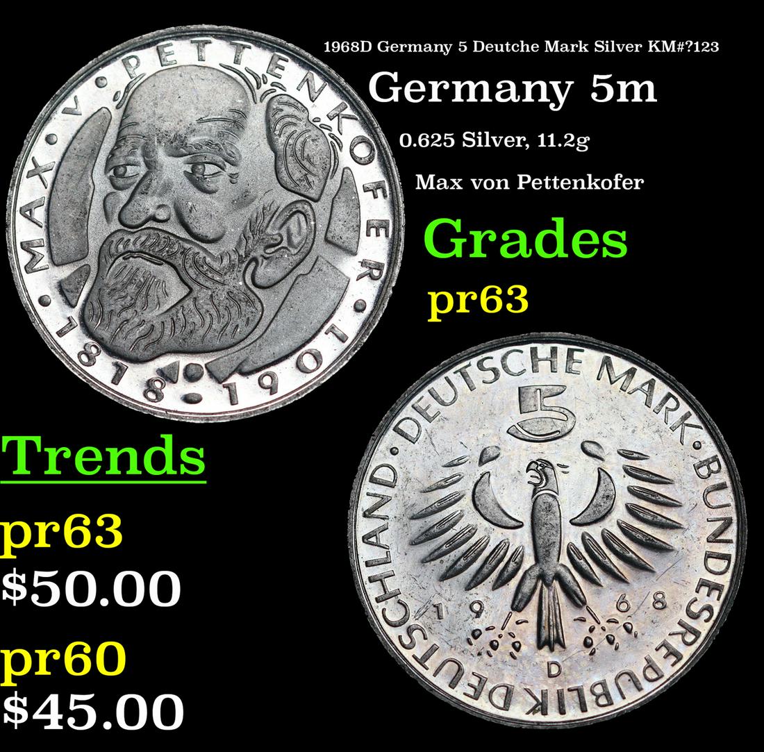 Proof 1968D Germany 5 Deutche Mark Silver KM#â€¯123 Grades Select Proof (1 of 3)