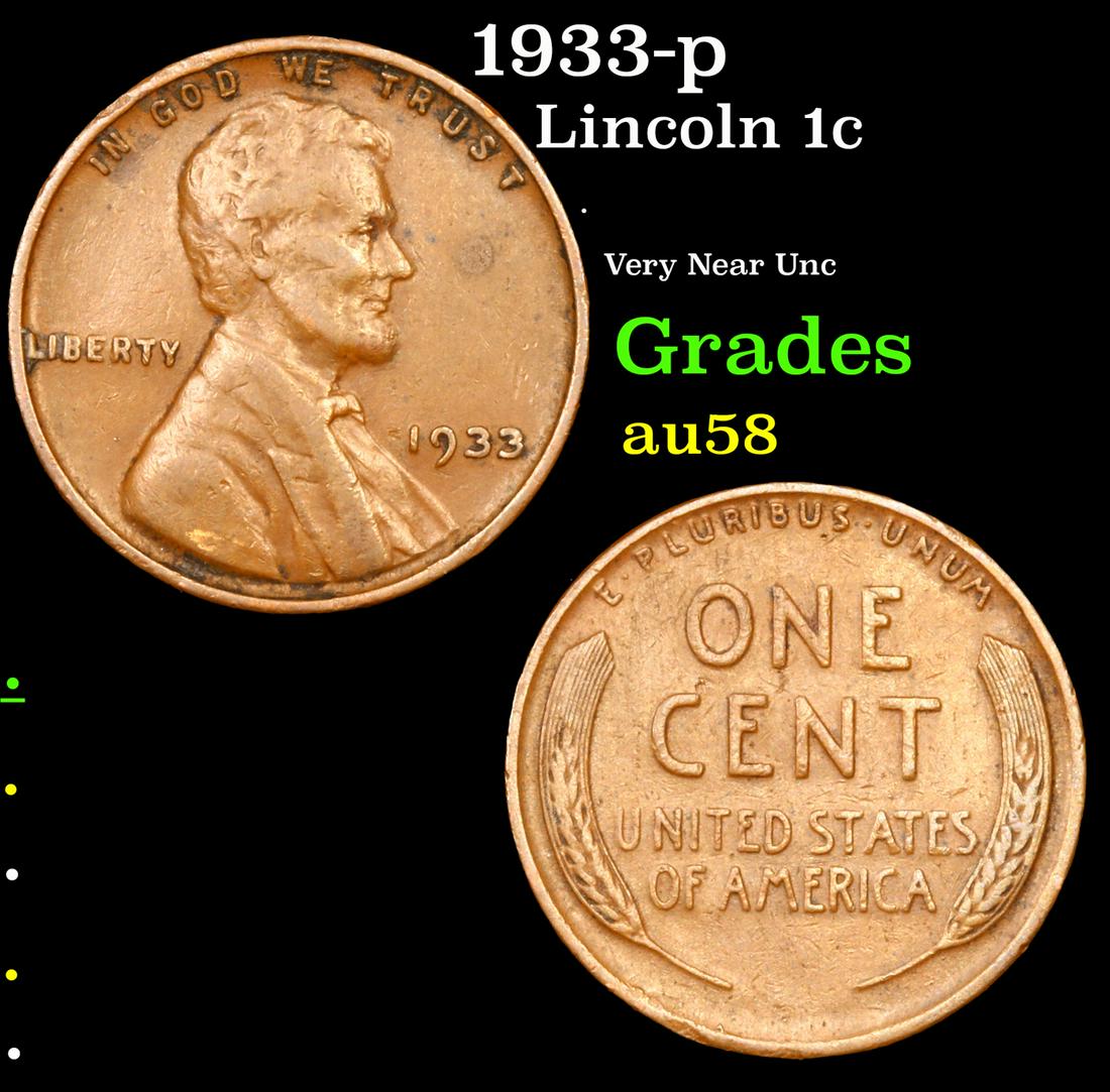 1933-p Lincoln Cent 1c Grades Choice AU/BU Slider: 1933-p Lincoln Cent 1c Grades Choice AU/BU Slider.