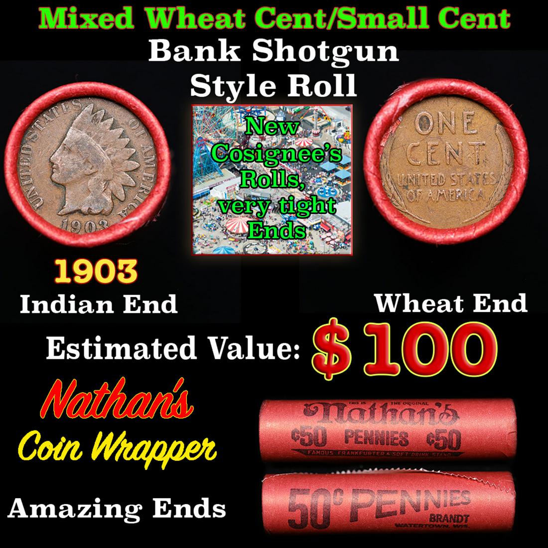 Mixed small cents 1c orig shotgun roll, 1903 Indian Cent, Wheat Cent other end, Nathan's Brandt: Mixed small cents 1c orig shotgun roll, 1903 Indian Cent, Wheat Cent other end, Nathan's Brandt Wrapper.. The roll is held in an old Rare & Collectable Brinks 'Only Brinks Can Open This Safe, Chicago