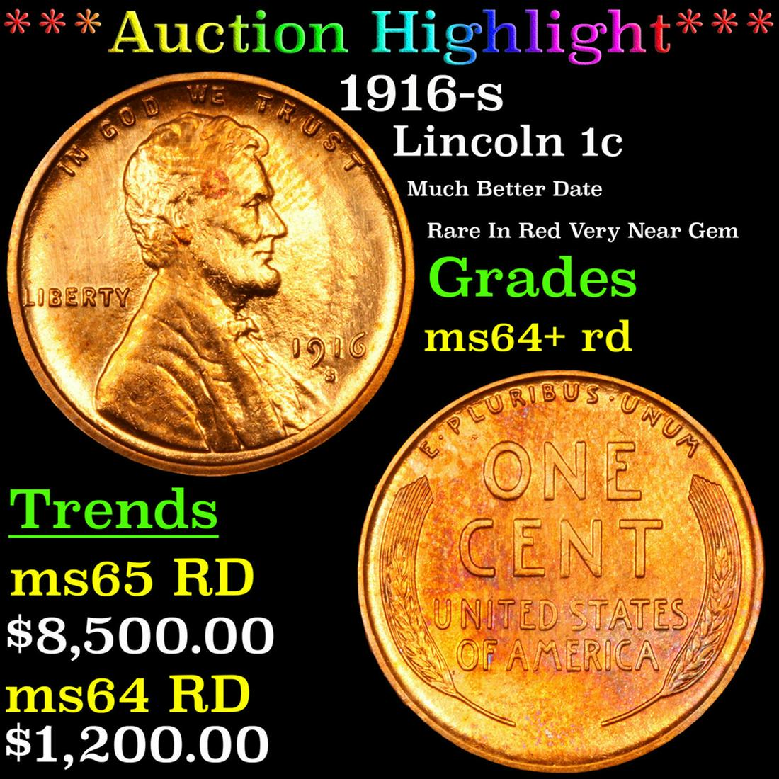 ***Auction Highlight*** 1916-s Lincoln Cent 1c Graded ms64+ rd By SEGS (fc) (1 of 5)