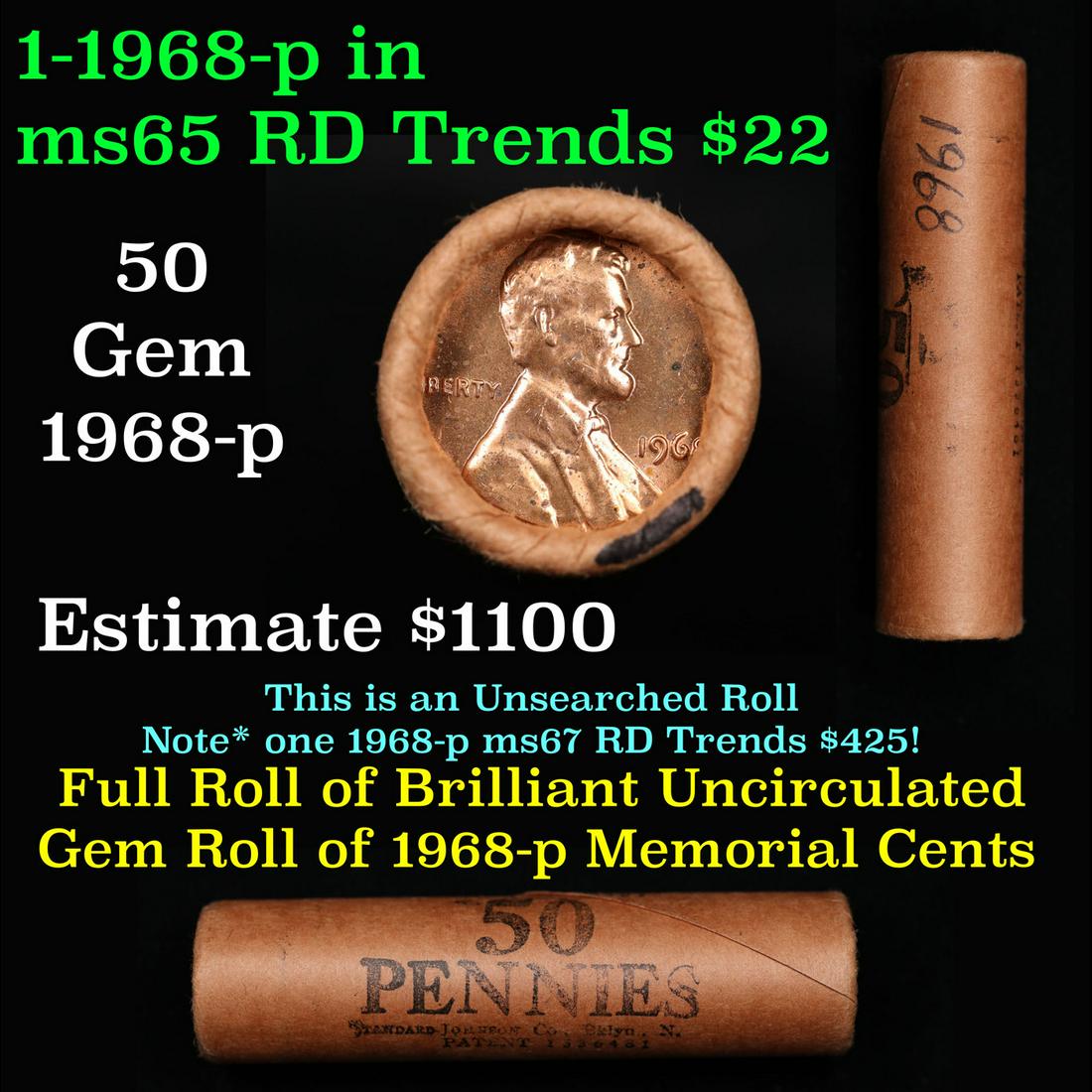 Shotgun Lincoln 1c roll, 1968-p 50 pcs Standard-Johnson Wrapper.: Shotgun Lincoln 1c roll, 1968-p 50 pcs Standard-Johnson Wrapper.. A terrific Shotgun roll of Lincoln cents. Most if not all coin should be cherry red.