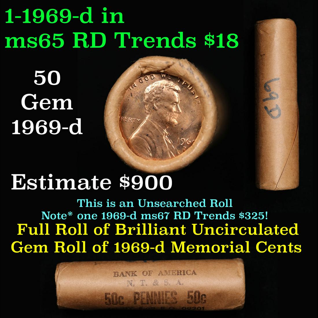 Shotgun Lincoln 1c roll, 1969-d 50 pcs Bank of America Wrapper.: Shotgun Lincoln 1c roll, 1969-d 50 pcs Bank of America Wrapper.. A terrific Shotgun roll of Lincoln cents. Most if not all coin should be cherry red.