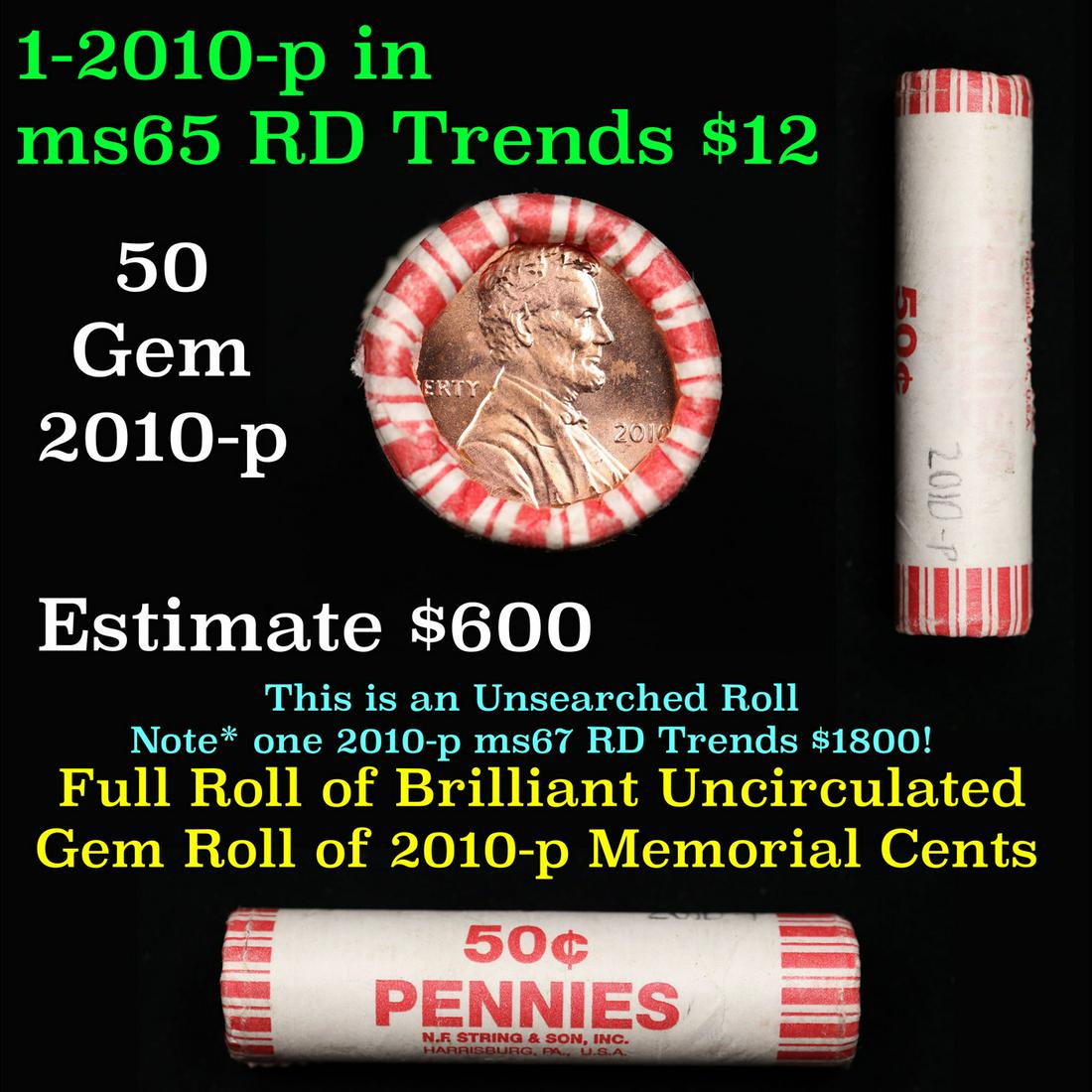 Shotgun Lincoln 1c roll, 2010-p 50 pcs String & Son Wrapper.: Shotgun Lincoln 1c roll, 2010-p 50 pcs String & Son Wrapper.. A terrific Shotgun roll of Lincoln cents. Most if not all coin should be cherry red.