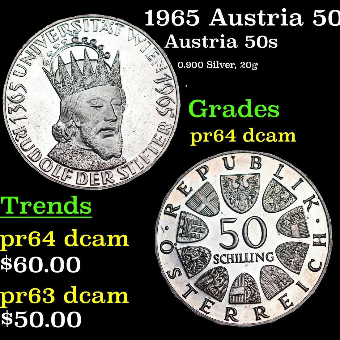 Proof 1965 Austria 50 Schillings Silver KM# 2898 Grades Choice Proof Deep Cameo (1 of 3)