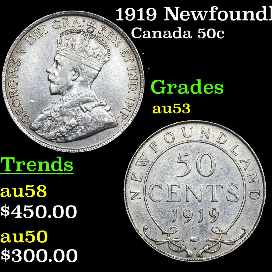 1919 Newfoundland Canada 50 Cents Silver KM# 12 Grades Select AU (1 of 3)