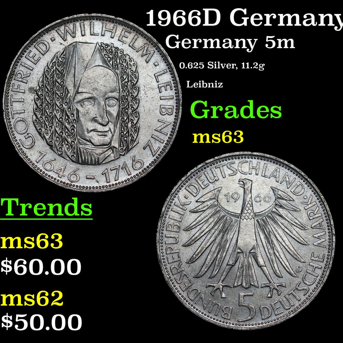 1966D Germany 5 Deutche Mark Silver KM#â€¯119 Grades Select Unc (1 of 3)
