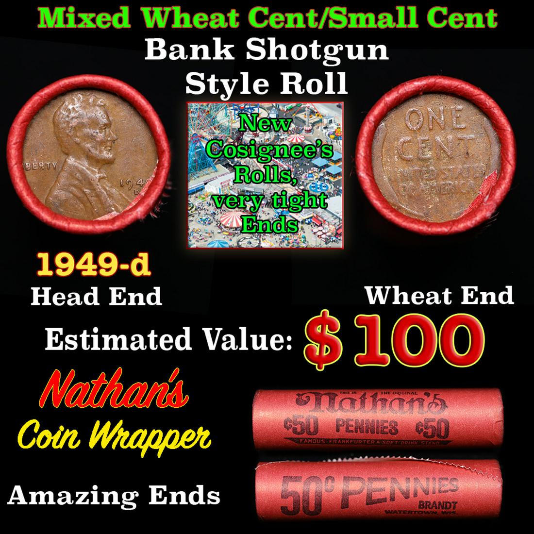 Mixed small cents 1c orig shotgun roll, 1949-d Wheat Cent, Wheat Cent other end, Nathan's Brandt: Mixed small cents 1c orig shotgun roll, 1949-d Wheat Cent, Wheat Cent other end, Nathan's Brandt Wrapper.. The roll is held in an old Rare & Collectable Brinks 'Only Brinks Can Open This Safe, Chicago