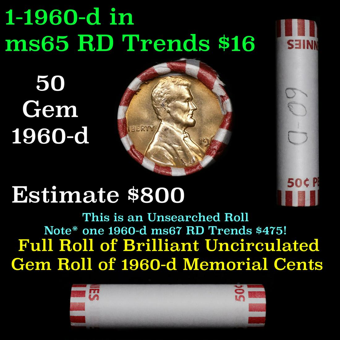 Shotgun Lincoln 1c roll, 1960-d 50 pcs Bank Wrapper.: Shotgun Lincoln 1c roll, 1960-d 50 pcs Bank Wrapper.. A terrific Shotgun roll of Lincoln cents. Most if not all coin should be cherry red.