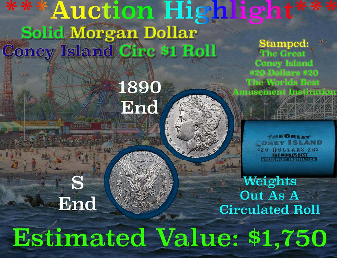 ***Auction Highlight*** Coney Island Shotgun 1890 & 'S' Ends Solid Morgan Silver dollar roll, 20 (1 of 3)