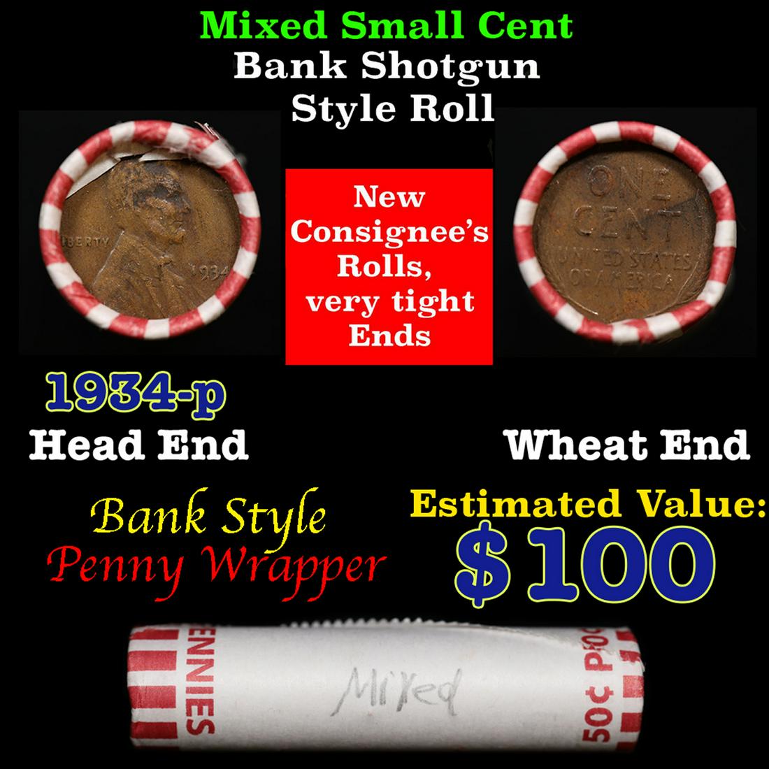 Mixed small cents 1c orig shotgun roll, 1934-p Lincoln Cent, Wheat Cent other end, Brinks Wrapper.: Mixed small cents 1c orig shotgun roll, 1934-p Lincoln Cent, Wheat Cent other end, Brinks Wrapper.. The roll is held in an old Rare & Collectable Brinks 'Only Brinks Can Open This Safe, Chicago IL' Pe