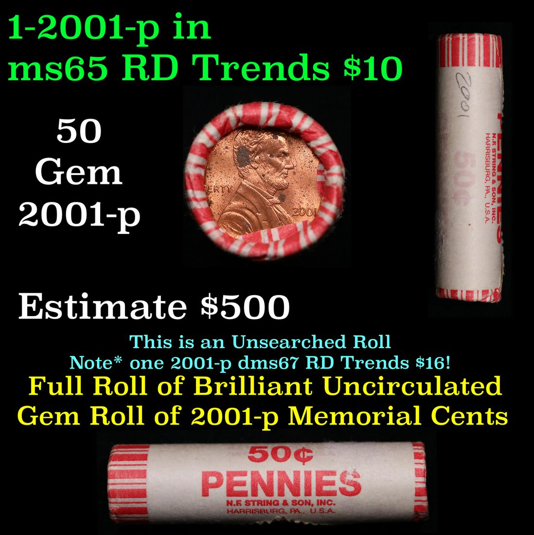 Shotgun Lincoln 1c roll, 2001-p 50 pcs String & Son Wrapper.: Shotgun Lincoln 1c roll, 2001-p 50 pcs String & Son Wrapper.. A terrific Shotgun roll of Lincoln cents. Most if not all coin should be cherry red.