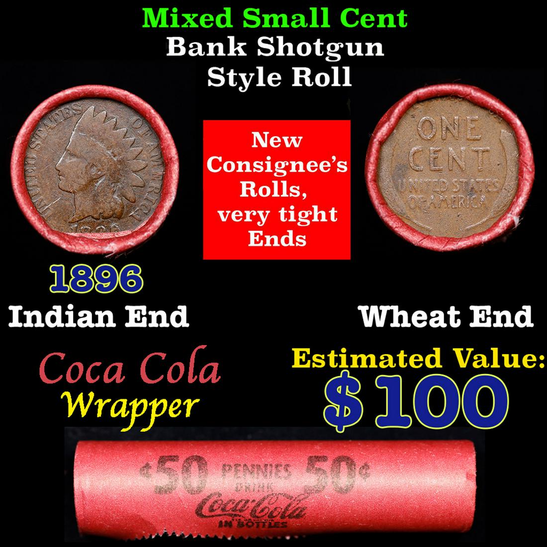 Mixed small cents 1c orig shotgun roll, Wheat Cent, 1896 Indian Cent other end, Coca Cola Brandt (1 of 3)