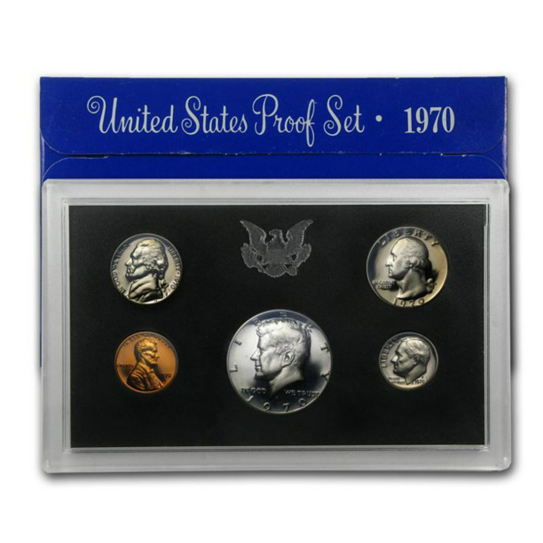1970 United States Mint Proof Set, 5 Coins Inside!: 1970 United States Mint Proof Set, 5 Coins Inside!. Original packaging: The individual coins of the 1970-S Proof Set were placed into holes in a black plastic insert, then sealed in a two-piece, clear