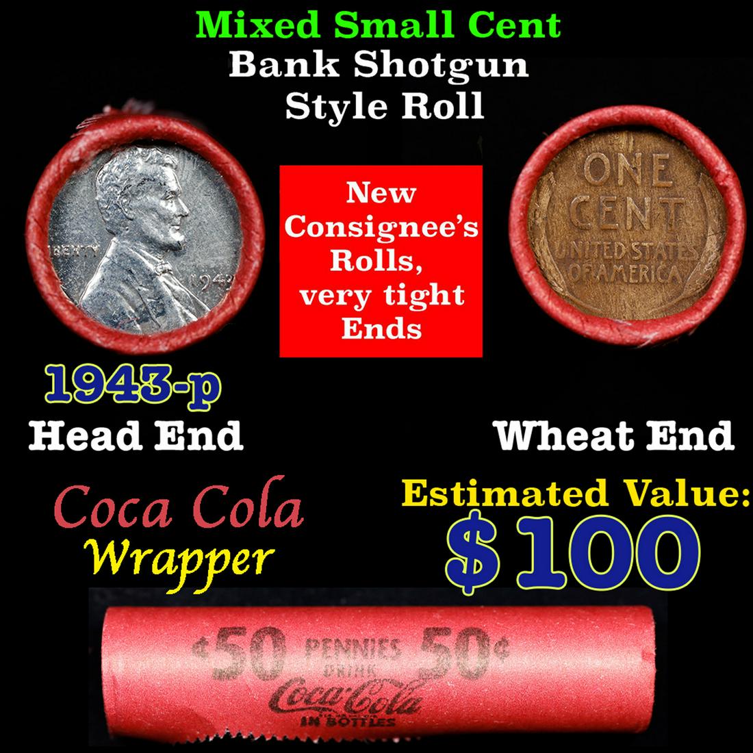 Mixed small cents 1c orig shotgun roll, 1943-p Steel Cent, Wheat Cent other end, Coca Cola Brandt (1 of 3)