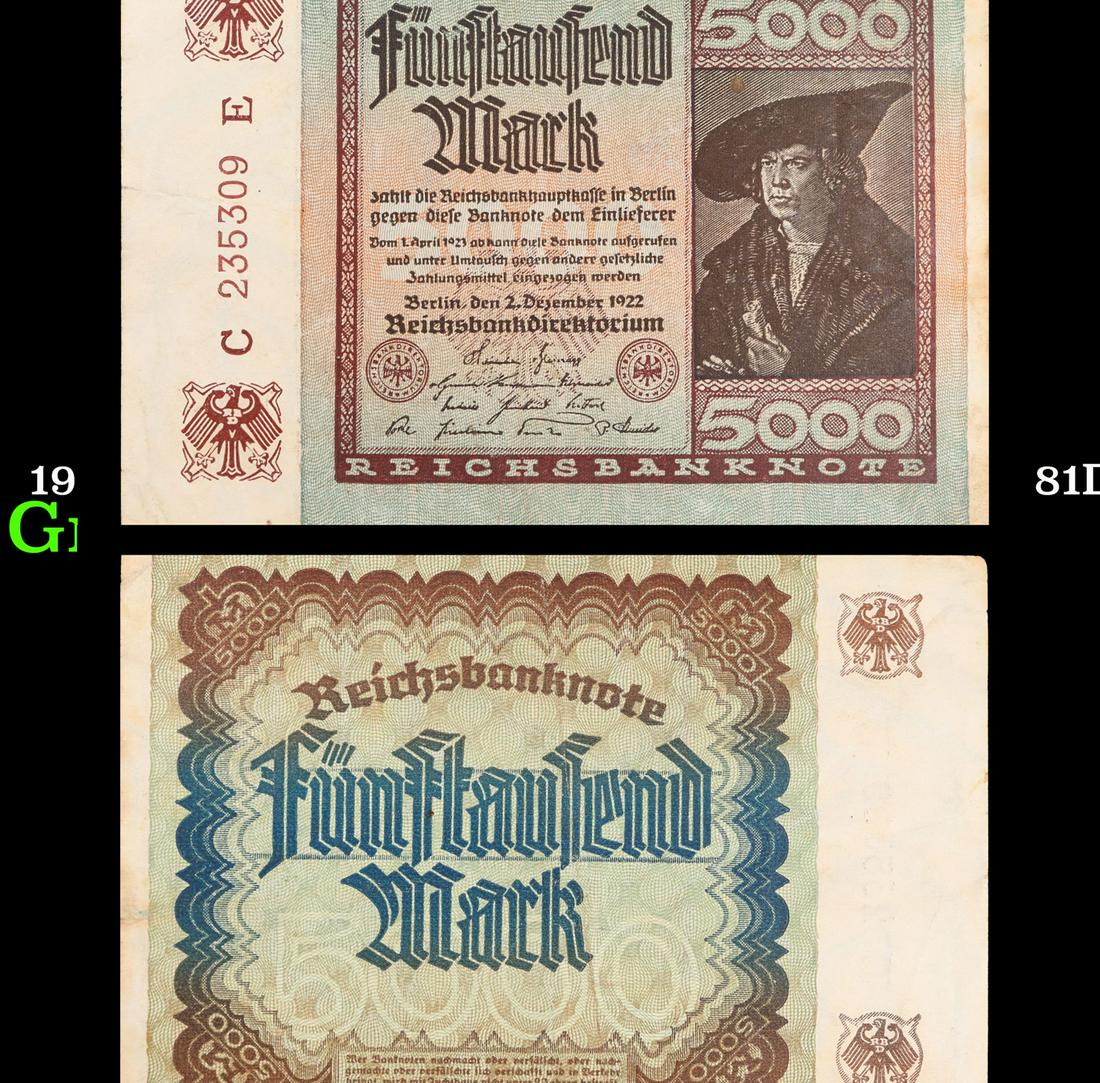 1922 Weimar Germany 5000 Mark Note P# 81D Grades Select AU (1 of 3)