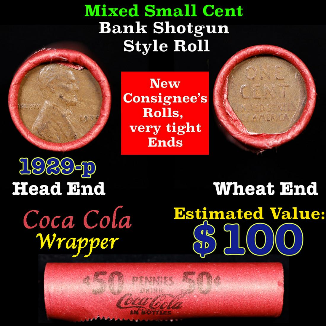 Mixed small cents 1c orig shotgun roll, 1929-p Lincoln Cent, Wheat Cent other end, Coca Cola Brandt (1 of 3)