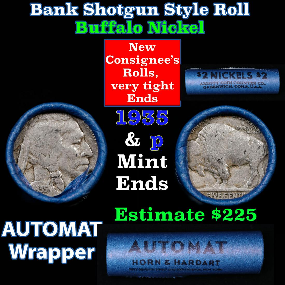 Buffalo Nickel Shotgun Roll in Old Bank Style 'Abbott Coin Counter & Automat' Wrapper 1935 & p Mint (1 of 3)