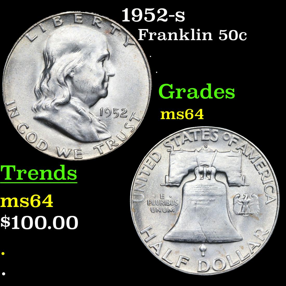 1952-s Franklin Half Dollar 50c Grades Choice Unc (1 of 3)