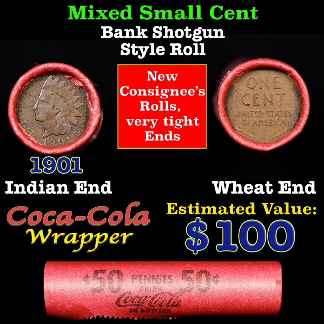 Mixed small cents 1c orig shotgun roll, Wheat Cent, 1901 Indian Cent other end, Coca Cola Brandt: Mixed small cents 1c orig shotgun roll, Wheat Cent, 1901 Indian Cent other end, Coca Cola Brandt Wrapper.. The roll is held in an old Rare & Collectable Brinks 'Only Brinks Can Open This Safe, Chicago