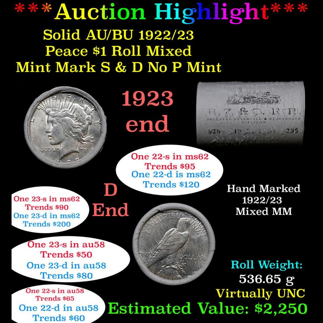 ***Auction Highlight*** AU/BU Slider BZ CRR Shotgun Peace $1 Roll Solid 1923/1922 all mint marked, (1 of 4)