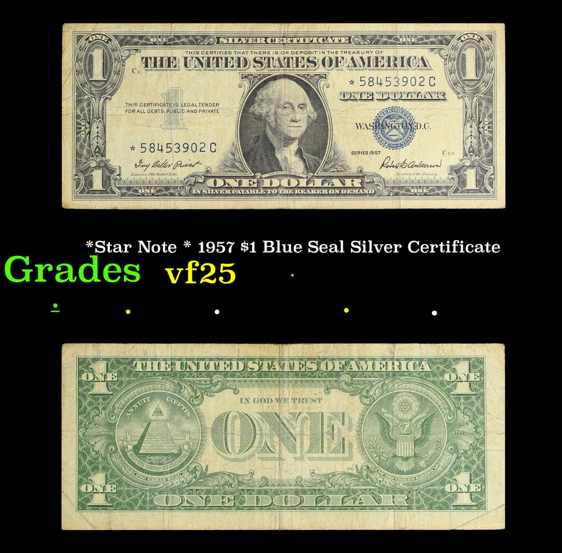 *Star Note * 1957 $1 Blue Seal Silver Certificate Grades vf+: *Star Note * 1957 $1 Blue Seal Silver Certificate Grades vf+. When notes are discovered that have been printed incorrectly (such as having the serial numbers upside down, etc.) the misprinted "error n