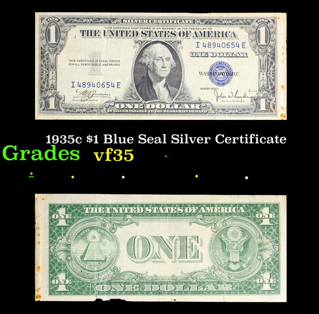 1935c $1 Blue Seal Silver Certificate Grades vf++: 1935c $1 Blue Seal Silver Certificate Grades vf++. Silver Certificates were redeemable in Silver. One of their most distinctive qualities is the blue Treasury seal and serial numbers. These notes incl