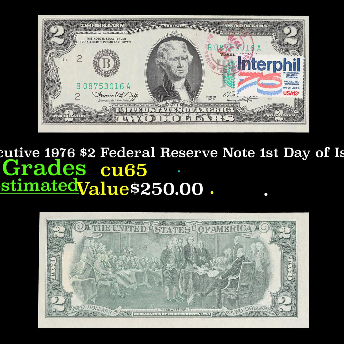 Set of 2 Concecutive 1976 $2 Federal Reserve Note 1st Day of Issue, with Stamp Grades Gem CU (1 of 5)
