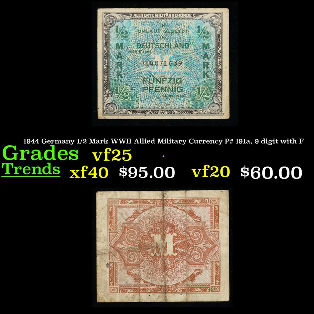 1944 Germany 1/2 Mark WWII Allied Military Currency P# 191a, 9 digit with F Grades vf+ (1 of 3)